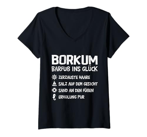 Damen Nordsee Urlaub BORKUM BARFUß INS GLÜCK Lustiges Borkumer T-Shirt mit V-Ausschnitt von Borkum Geschenk Nordsee Shirt Borkumer Insel