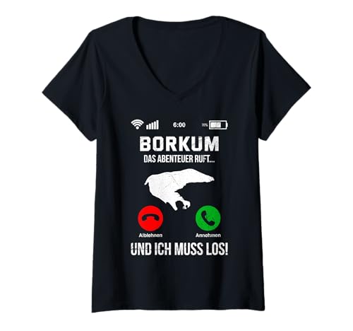 Damen Nordsee Urlaub BORKUM DAS Abenteuer Ruft Lustig Borkumer T-Shirt mit V-Ausschnitt von Borkum Geschenk Nordsee Shirt Borkumer Insel