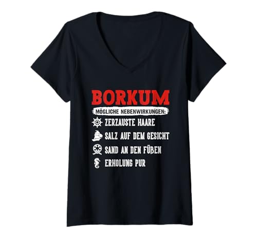 Damen Nordsee Urlaub BORKUM MÖGLICHE NEBENWIRKUNGEN Insel Borkum T-Shirt mit V-Ausschnitt von Borkum Geschenk Nordsee Shirt Borkumer Insel