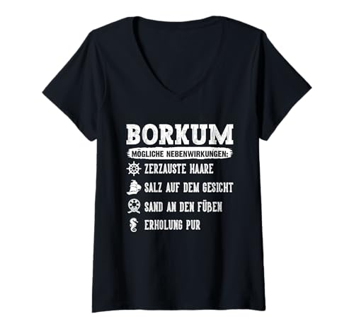 Damen Nordsee Urlaub BORKUM MÖGLICHE NEBENWIRKUNGEN Insel Borkum T-Shirt mit V-Ausschnitt von Borkum Geschenk Nordsee Shirt Borkumer Insel