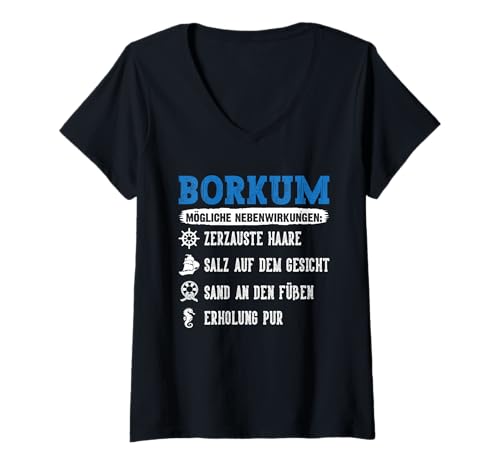 Damen Nordsee Urlaub BORKUM MÖGLICHE NEBENWIRKUNGEN Insel Borkum T-Shirt mit V-Ausschnitt von Borkum Geschenk Nordsee Shirt Borkumer Insel