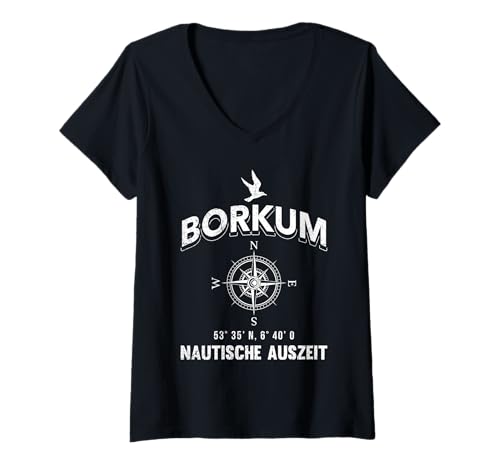 Damen Nordsee Urlaub BORKUM NAUTISCHE AUSZEIT Lustiges Borkumer T-Shirt mit V-Ausschnitt von Borkum Geschenk Nordsee Shirt Borkumer Insel