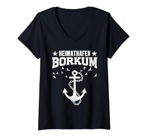 Damen Nordsee Urlaub Heimathafen BORKUM Lustig Borkumer Insel T-Shirt mit V-Ausschnitt von Borkum Geschenk Nordsee Shirt Borkumer Insel