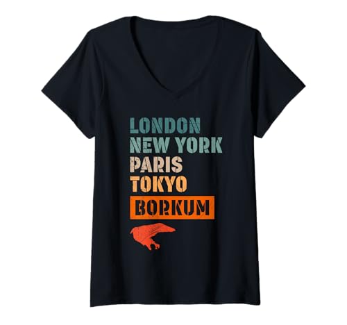 Damen Nordsee Urlaub London New York Paris BORKUM Insel T-Shirt mit V-Ausschnitt von Borkum Geschenk Nordsee Shirt Borkumer Insel