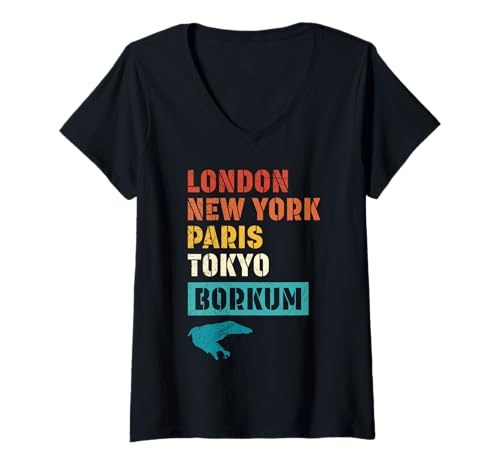 Damen Nordsee Urlaub London New York Paris BORKUM Insel T-Shirt mit V-Ausschnitt von Borkum Geschenk Nordsee Shirt Borkumer Insel