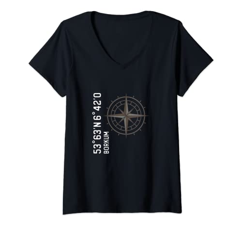 Damen Borkum Koordinaten Design Kompass für einen Urlauber, Borkum T-Shirt mit V-Ausschnitt Damen Borkum Koordinaten Design Kompass für einen Urlauber, Borkum T-Shirt mit V-Ausschnitt von Borkum Insel Souvenirs Design