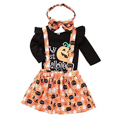 0-24M My 1st Halloween Baby Girl Outfits Strampler + Kürbis Hosenträger Rock + Stirnband 3PCS Kleidung Set (Halloween Baby A, 0-6 Monate) von Borlai