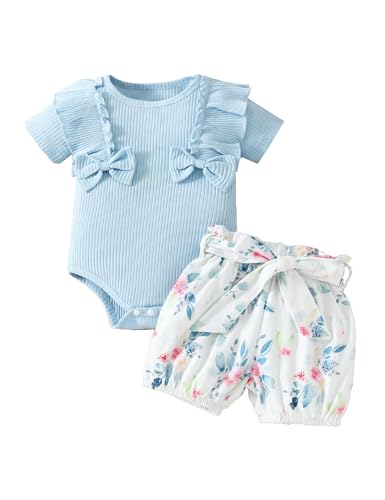 Borlai 3 Stück Baby Mädchen Sommer Outfits Kurzarm Rüschen Body Strampler+Blumen Shorts+Stirnband Neugeborene Bekleidungssets von Borlai