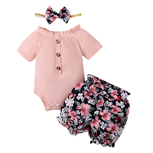 Borlai 3 Stück Baby Mädchen Sommer Outfits Kurzarm Rüschen Body Strampler+Blumen Shorts+Stirnband Neugeborene Bekleidungssets von Borlai