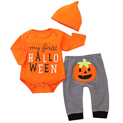 Borlai 3 stücke Baby Halloween Kürbis Outfits Mein Erstes Halloween Strampler Hosen Cap Fashion Baby Kleidung für 0-18 Monate, Orange, 3-6 Monate von Borlai