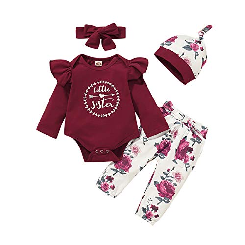 Borlai 4 STÜCKE Baby Mädchen Brief Drucken Outfits Kleine Schwester Langarm Strampler Overall Floral Hosen Hut Stirnband 0-18 Monate von Borlai