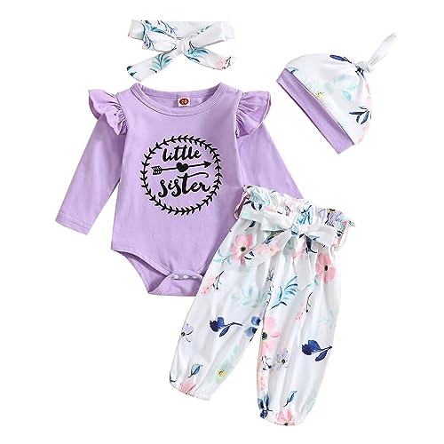 Borlai 4 STÜCKE Baby Mädchen Brief Drucken Outfits Kleine Schwester Langarm Strampler Overall Floral Hosen Hut Stirnband 0-18 Monate von Borlai