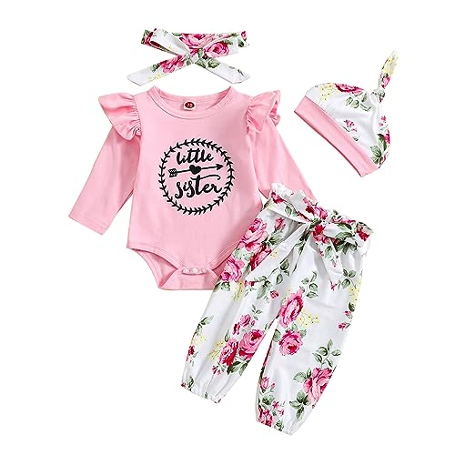 Borlai 4 STÜCKE Baby Mädchen Brief Drucken Outfits Kleine Schwester Langarm Strampler Overall Floral Hosen Hut Stirnband 0-18 Monate von Borlai