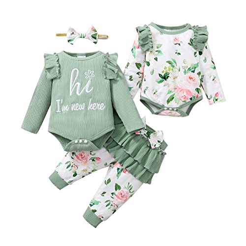 Borlai 4 Stück neugeborenes Baby Mädchen Kleidung Set lange Ärmel Rippe Rüsche Strampler Top + Floral Hosen Stirnband Outfit Set 0-18M von Borlai