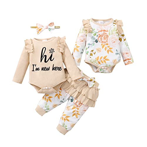 Borlai 4 Stück neugeborenes Baby Mädchen Kleidung Set lange Ärmel Rippe Rüsche Strampler Top + Floral Hosen Stirnband Outfit Set 0-18M von Borlai