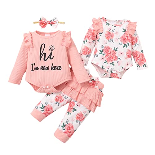 Borlai 4 Stück neugeborenes Baby Mädchen Kleidung Set Lange Ärmel Rippe Rüsche Strampler Top + Floral Hosen Stirnband Outfit Set 0-18M von Borlai