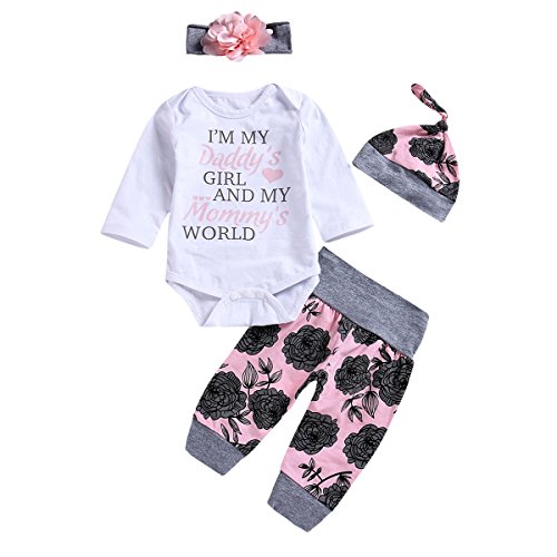 Borlai 4PCS Säugling Baby-Blumen Outfits eingestellt Strampler + Hose + Hut + Blumen Stirnband von Borlai