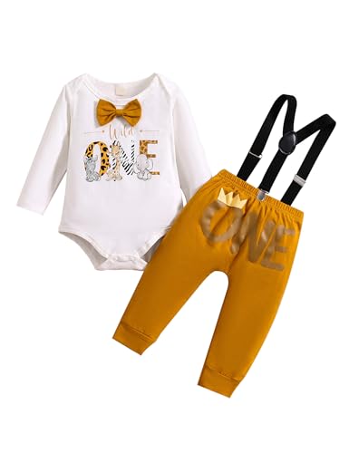 Borlai Baby Junge 1. Geburtstag Outfits Fliege Baumwolle Brief Strampler Verstellbare Hosenträger Hosen Gentleman Kleidung Set für Fotofotografie von Borlai