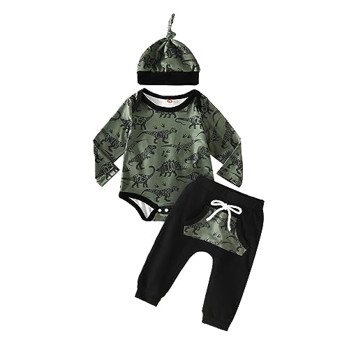 Borlai Baby Jungen Kleidung Outfit Langarm Tier Body Strampler Top Hosen Mit HutKleinkinder Neugeborene Weiche Dinosaurier Babykleidung Set von Borlai