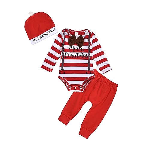 Borlai 3 Stück Baby My 1st Christmas Stripe Strampler Hosen Hut Herbst Kleidung Outfit 3-24 Monate (rot, 3-9 Monate) von Borlai