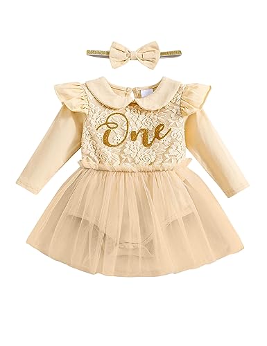 Borlai Baby Mädchen Kleidung Erster 1. Geburtstag Kleid Rüsche Langarm Elegant Spitze Blumen Strampler Prinzessin Tutu Tüllkleid Partykleid mit Stirnband Babybekleidung von Borlai