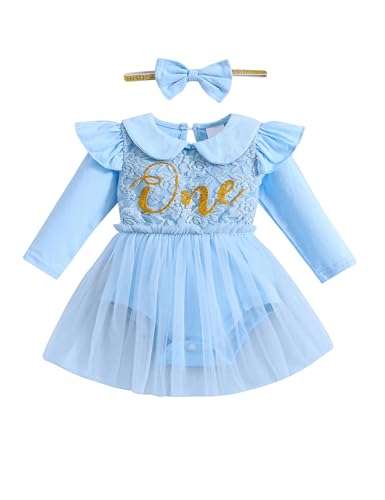 Borlai Baby Mädchen Kleidung Erster 1. Geburtstag Kleid Rüsche Langarm Elegant Spitze Blumen Strampler Prinzessin Tutu Tüllkleid Partykleid mit Stirnband Babybekleidung von Borlai