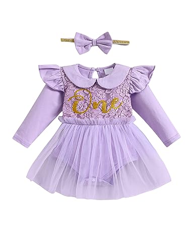 Borlai Baby Mädchen Kleidung Erster 1. Geburtstag Kleid Rüsche Langarm Elegant Spitze Blumen Strampler Prinzessin Tutu Tüllkleid Partykleid mit Stirnband Babybekleidung von Borlai