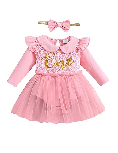 Borlai Baby Mädchen Kleidung Erster 1. Geburtstag Kleid Rüsche Langarm Elegant Spitze Blumen Strampler Prinzessin Tutu Tüllkleid Partykleid mit Stirnband Babybekleidung von Borlai