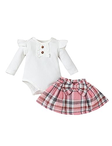 Borlai Baby Mädchen Kleidung Rippe Langarm Rüschen Strampler Kariert Rock Kleid Prinzessin Outfits Kleidung Set von Borlai