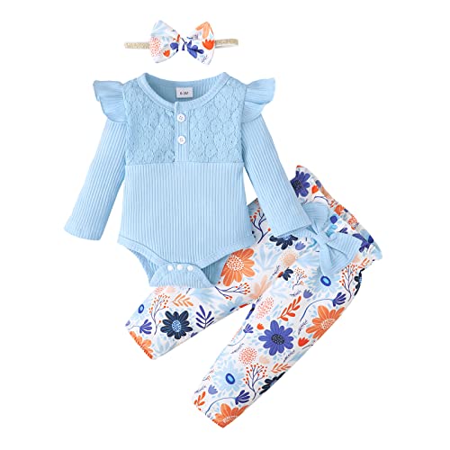 Borlai Baby Mädchen Outfits Neugeborenes Langarm Spitze Rüsche Strampler Top Floral Lange Hose Stirnband 3Pcs Kleidung Set Kleinkind Jumpsuit Bodysuit 0-18 Monate von Borlai