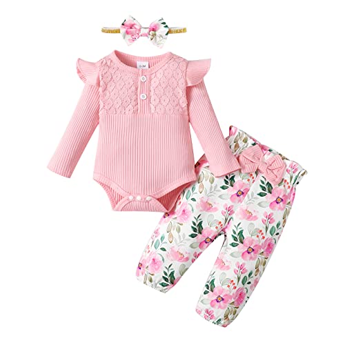 Borlai Baby Mädchen Outfits Neugeborenes Langarm Spitze Rüsche Strampler Top Floral Lange Hose Stirnband 3Pcs Kleidung Set Kleinkind Jumpsuit Bodysuit 0-18 Monate von Borlai