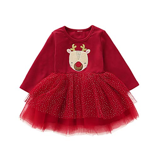 Borlai Baby Mädchen Weihnacht-Tutu Kleid, süßes langärmeliges Outfit, rotes Partykleid [Elch] 12-18 Monate von Borlai