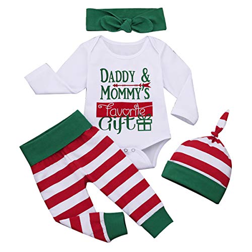 Borlai Baby-Weihnachtsset mit Buchstaben-Druck, Strampler + gestreifte Hose & Mütze + Schleife Haarband Baby Geschenkset, 0-6 Monate von Borlai