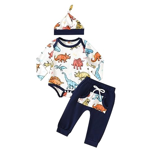 Borlai Baby Jungen Kleidung Outfit Langarm Tier Body Strampler Top Hosen Mit HutKleinkinder Neugeborene Weiche Dinosaurier Babykleidung Set von Borlai