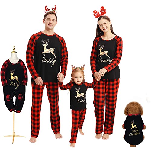 Borlai Familienweihnachtspyjama-Set Passend zu Weihnachten Plaid Pjs Nachtwäsche für Männer Frauen Kinder Kinder Baby Haustiere (Schwarz + Rot, Kinder / 3-4 Jahre) von Borlai
