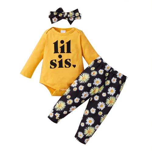 Borlai Große kleine Schwester passende Blumenoutfits Strampler Shirt Top Daisy Printed Pants Stirnband Kleidung Set (0-3 Monate, Kleine Schwestern) von Borlai