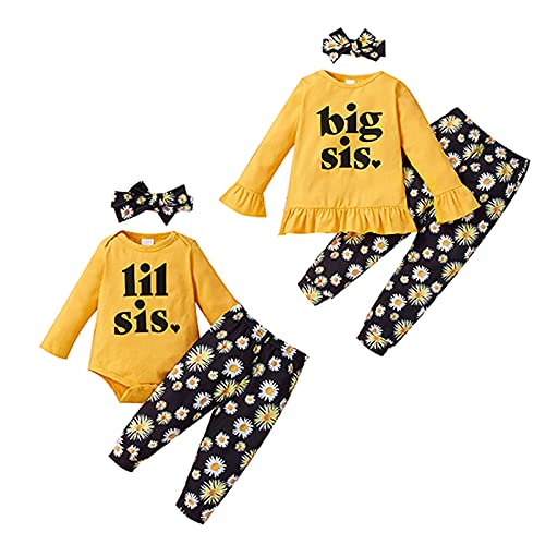 Borlai Große kleine Schwester passende Blumenoutfits Strampler Shirt Top Daisy Printed Pants Stirnband Kleidung Set (3-4 Jahre, Große Schwestern) von Borlai