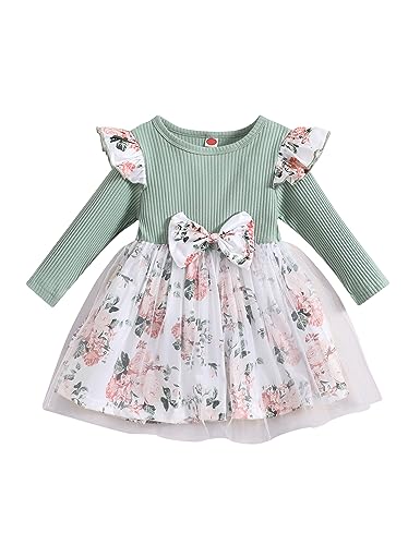 Borlai Kinder Baby Mädchen Floral Kleid Langarm Schleife Knoten Floral Geraffte Tutu Prinzessin Kleid Kleidung Set von Borlai