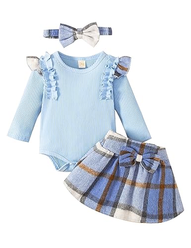 Borlai Kleinkind Baby Mädchen Kleidungsset Langarm Strampler Jumpsuit Ruffle Bodysuit Plaid kurzen Rock und Stirnband 3Pcs Outfit 0-18 Monate von Borlai