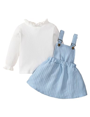 Borlai Kleinkind Baby Mädchen Kleidungsset Ruffle Langarm Gerippter Strampler Oberteil Plaid Hosenträger Rock Outfits mit Stirnband von Borlai