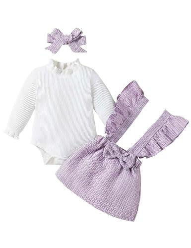 Borlai Kleinkind Baby Mädchen Kleidungsset Ruffle Langarm Gerippter Strampler Oberteil Plaid Hosenträger Rock Outfits mit Stirnband von Borlai