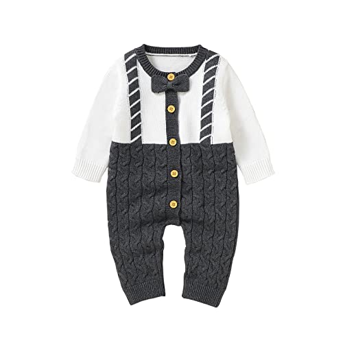 Borlai Neugeborene Baby Jungen Gestrickt Strampler Langarm Gentleman Fliege Krawatte Winter warmer Pullover Outfit Set (Dunkelgrau, 80/9-12 Monate) von Borlai