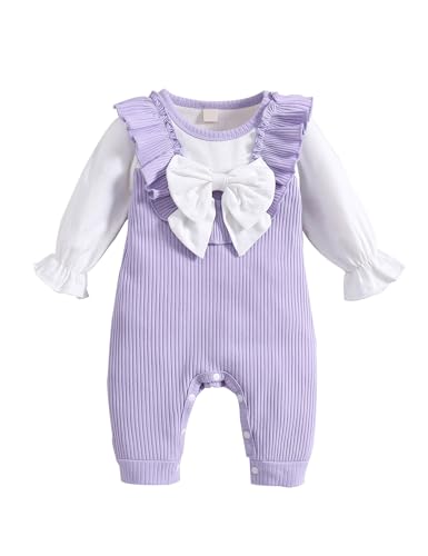 Borlai Neugeborenes Baby Mädchen Strampler Kleidung Langarm Rüschen Gerippt Jumpsuit Onesie Säuglings Frühling Herbst Bow Body Outfit Set von Borlai