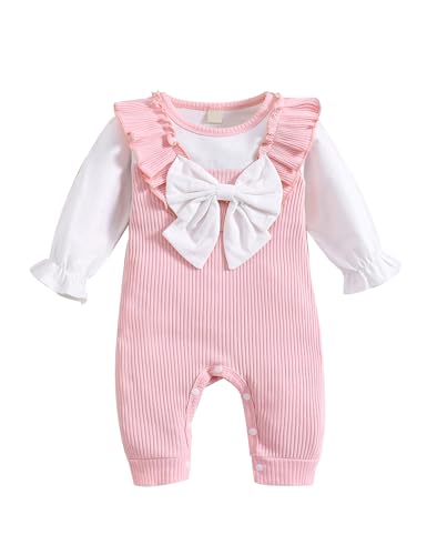 Borlai Neugeborenes Baby Mädchen Strampler Kleidung Langarm Rüschen Gerippt Jumpsuit Onesie Säuglings Frühling Herbst Bow Body Outfit Set von Borlai