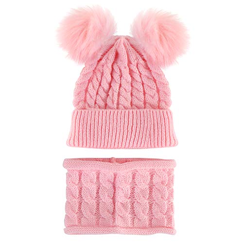 Borlai Strickmütze, Schal, Set mit Bommel, Mütze und Halstuch, warm, für den Winter, 1 - 6 Jahre, 2 Stück, Pink von Borlai