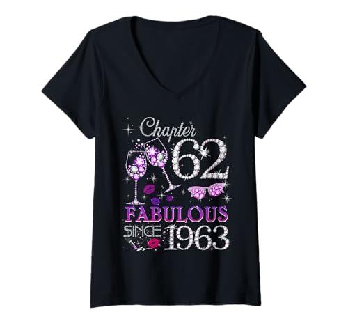 Damen Womens Chapter 62 Fabulous Since 1963 62nd Birthday Queen T-Shirt mit V-Ausschnitt von Born 1963 62nd Birthday Diamond For Girls & Womens