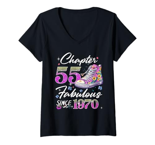 Damen Women's 55th Birthday Floral Made in 1970 Gifts 55 Years Old T-Shirt mit V-Ausschnitt von Born 1970 55th Birthday Flower For Girls & Womens
