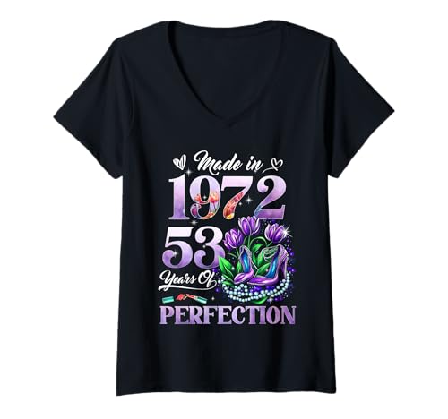 Damen Womens 53rd Birthday Floral Made in 1972 Gifts 53 Years Old T-Shirt mit V-Ausschnitt von Born 1972 53rd Birthday Flower For Girls & Womens