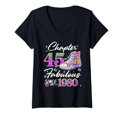Damen Chapter 45 EST 1980 45 Years Old Gifts 45th Birthday Queen T-Shirt mit V-Ausschnitt von Born 1980 45th Birthday Diamond For Girls & Womens