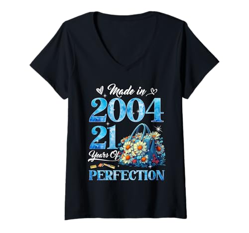 Damen Womens 21st Birthday Floral Made in 2004 Gifts 21 Years Old T-Shirt mit V-Ausschnitt von Born 2004 21st Birthday Flower For Girls & Womens